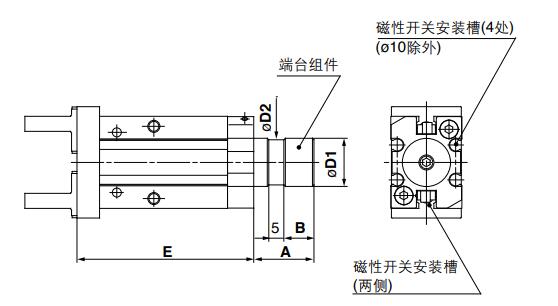 高温夹爪气缸横向配管外形尺寸图